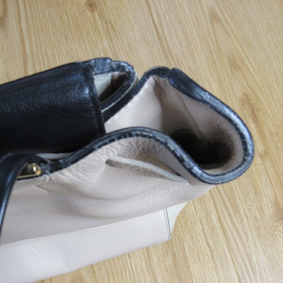 Furla Leather and Suede Drawstring Tote Bag Purse Beige and Black - Picture 7 of 10